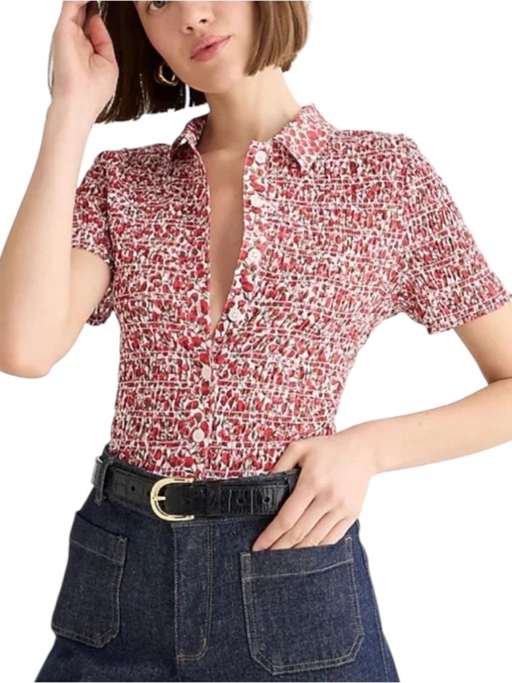 LN J. Crew Liberty Floral Print Smocked Button Up Crop Shirt - M